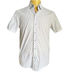 Guide London Geometric Button Up Shirt Sz Small‎ White Blue Preppy Hipster Ditsy